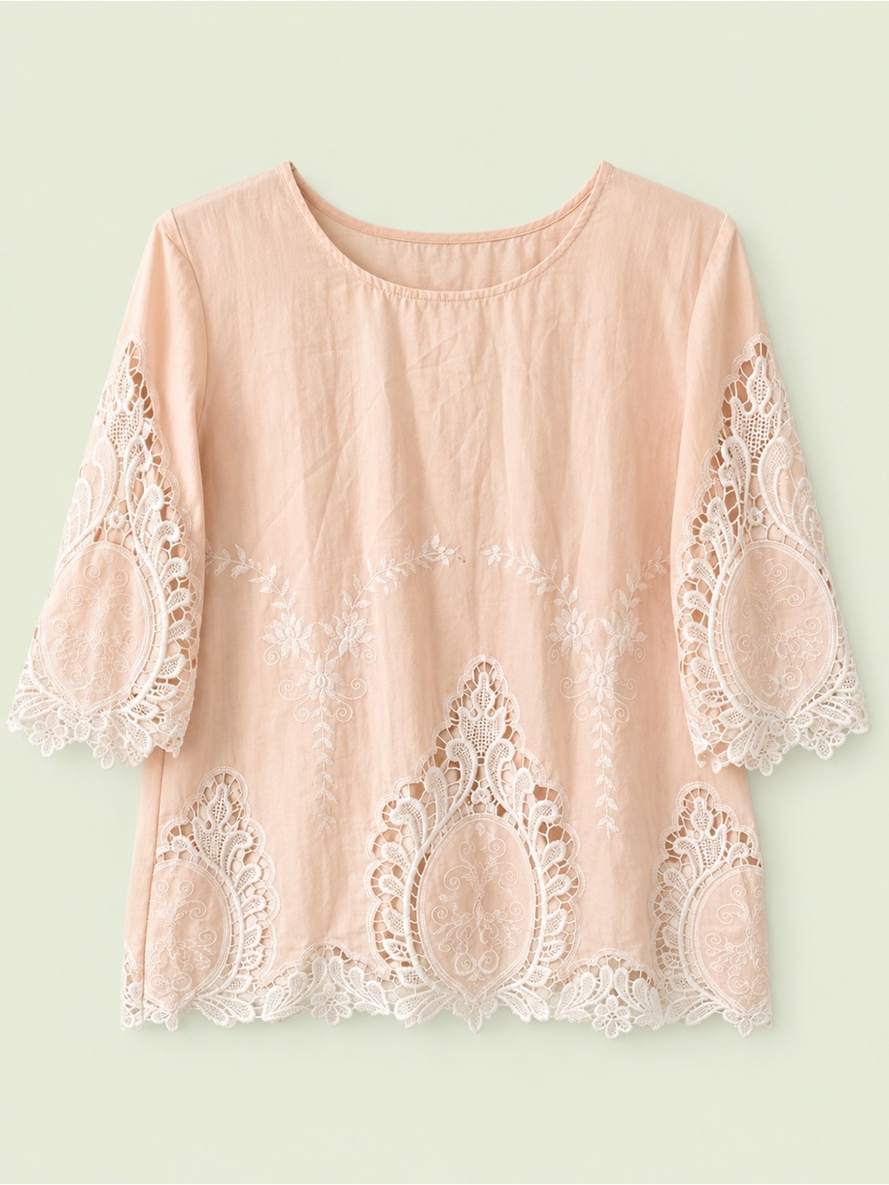Cynthia Rowley Blush Pink Linen-Blend Lace-Embroidered Top